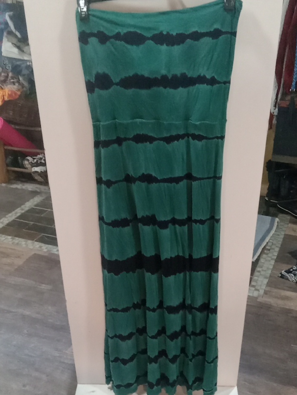 (527) Billabong Green and Black Striped Tie-Dye Maxi Skirt